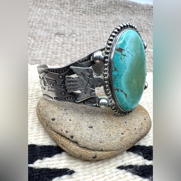 Navajo Native Fred Harvey Style Sterling Silver Turquoise Thunderbird Cuff 7" - Picture 3 of 7
